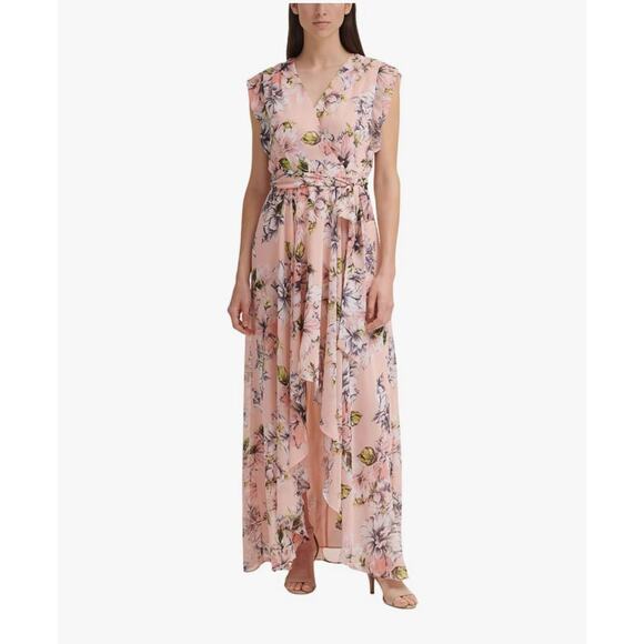 Eliza J High-Low Maxi Dress Womens Size 8 Pink Floral (no belt) V-Neck Wedding - Picture 1 of 12